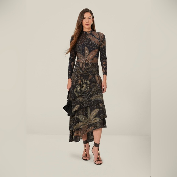 Farm Rio Black Golden Foliage Ruffled Skirt